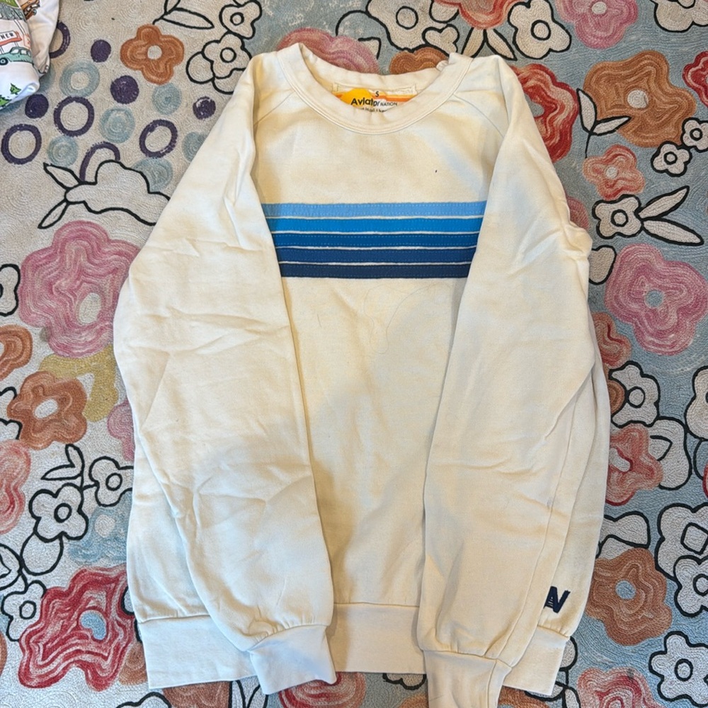 size small aviator nation, blue striped crewneck